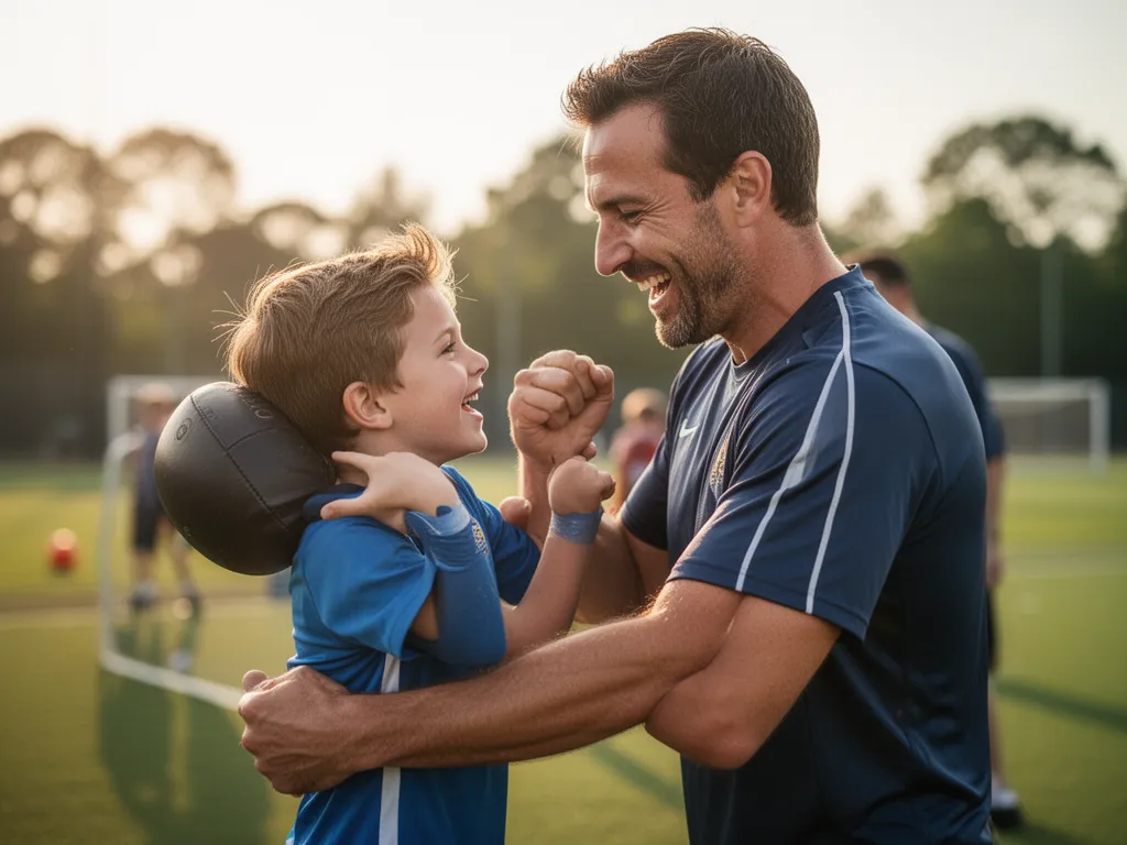 Father and son sharing a joyful athletic celebration moment outdoors together