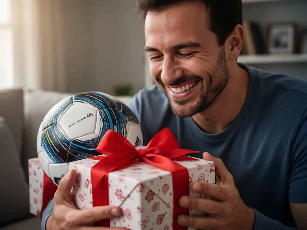[Husband smiling while opening sports gift with genuine joy and emotional celebration]