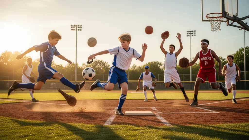 Young athletes playing various sports including soccer, baseball, and basketball in outdoor sunlight.