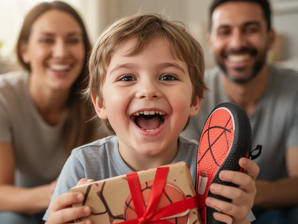 Child's joyful face lighting up while receiving a sports equipment gift from parents.