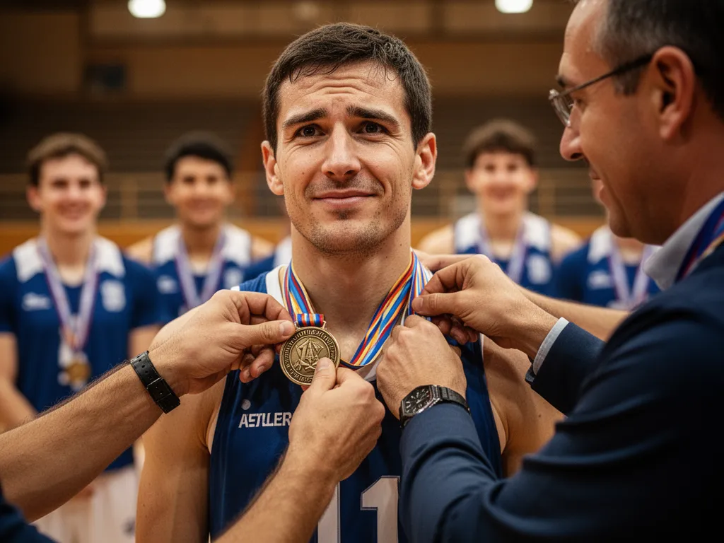 Coach presenting medal to athlete in emotional moment of athletic achievement and recognition