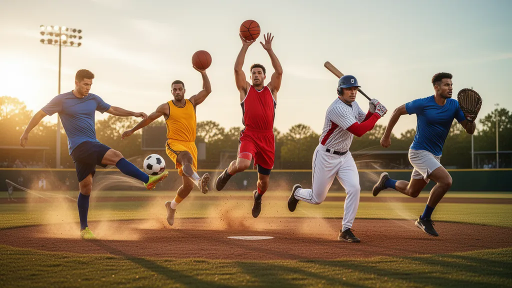 Multiple male athletes competing in different sports with dynamic motion and natural outdoor lighting