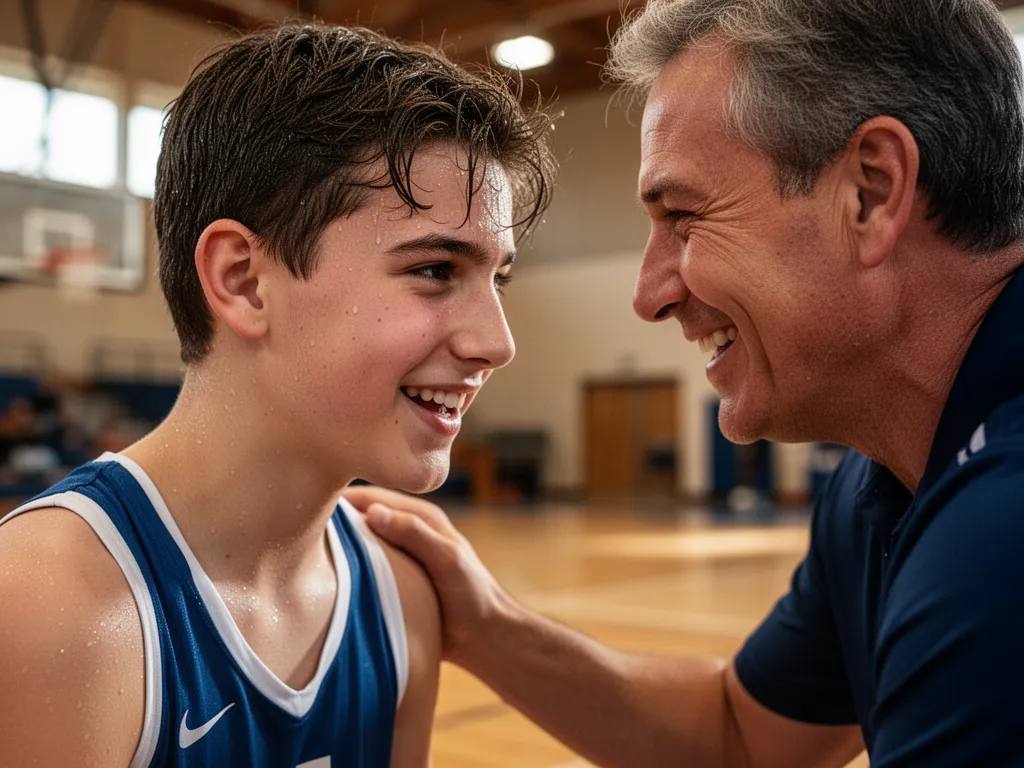 Teen athlete receiving supportive guidance from adult mentor during training session