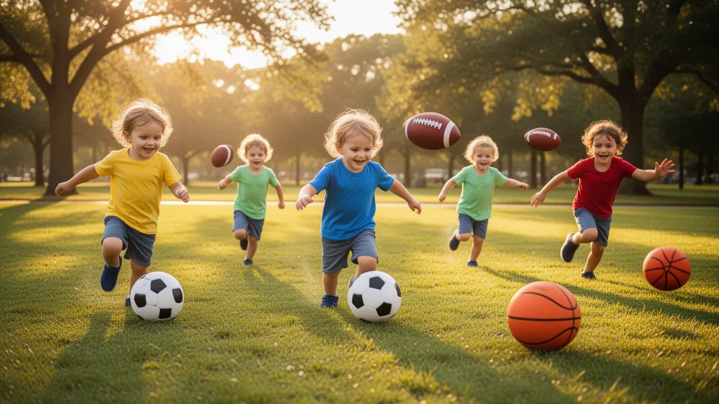 Toddlers playing multiple sports outdoors in sunny park with balls and equipment