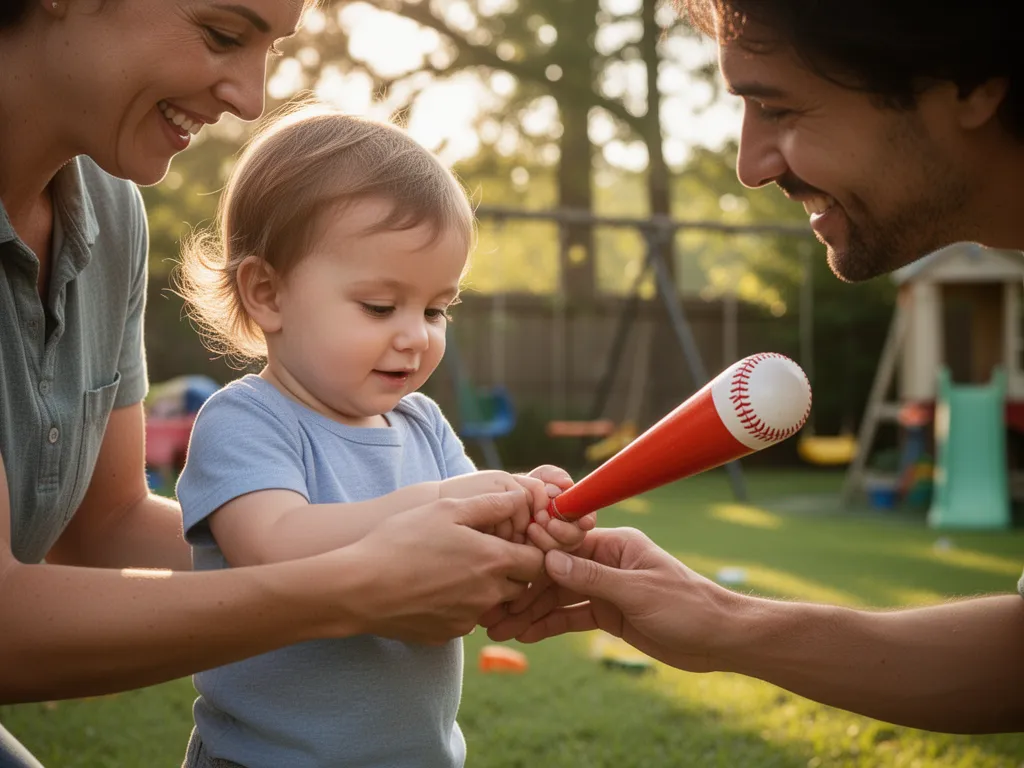 Parent guiding toddler with baseball bat during outdoor backyard sports play session