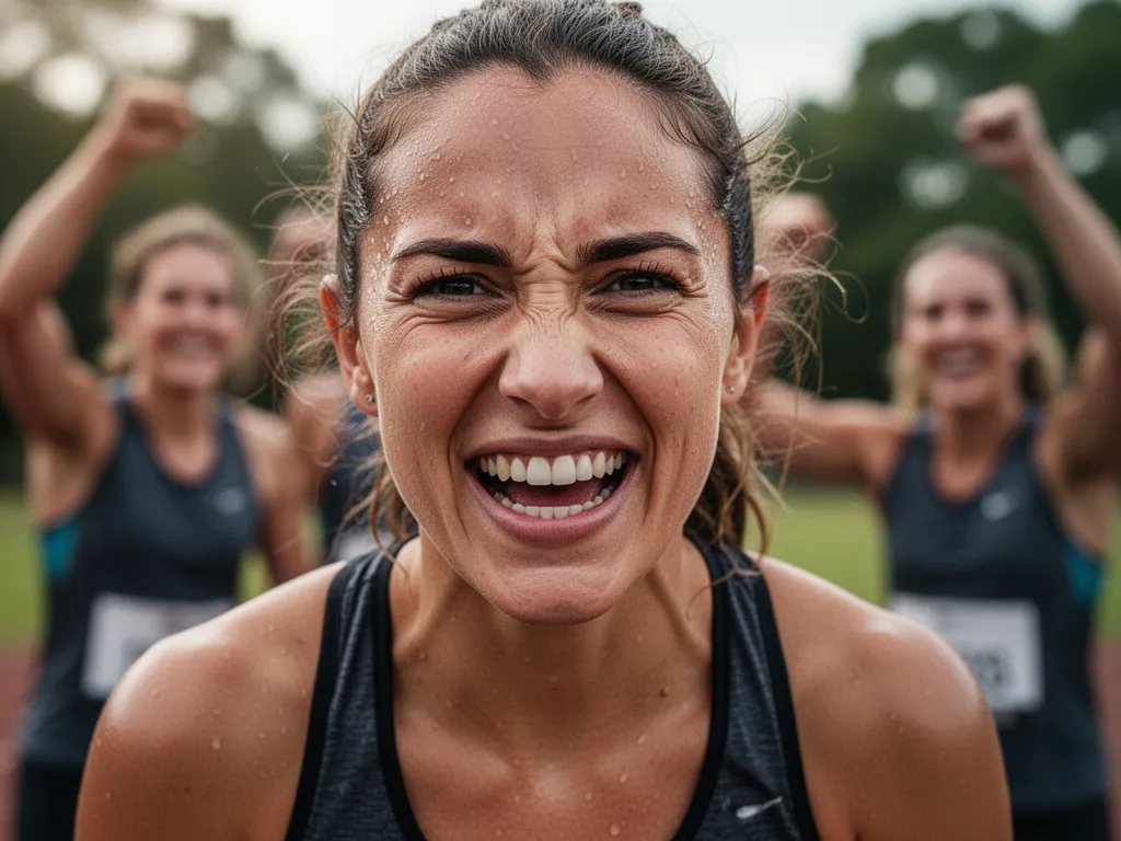 [Female athlete's face glowing with achievement while teammates celebrate blurred behind her]