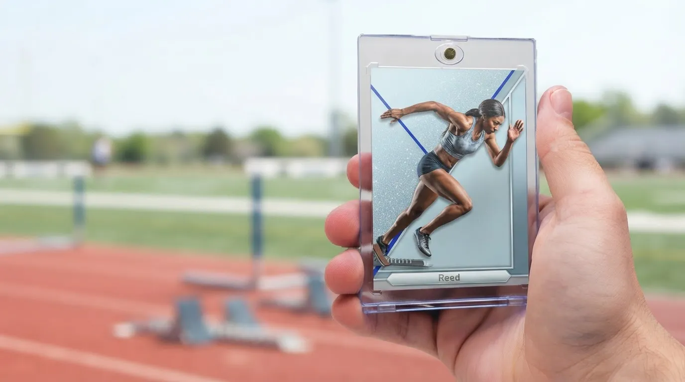 Hand holding magnetic case with icy blue refractor sports card, sports gifts near me.
