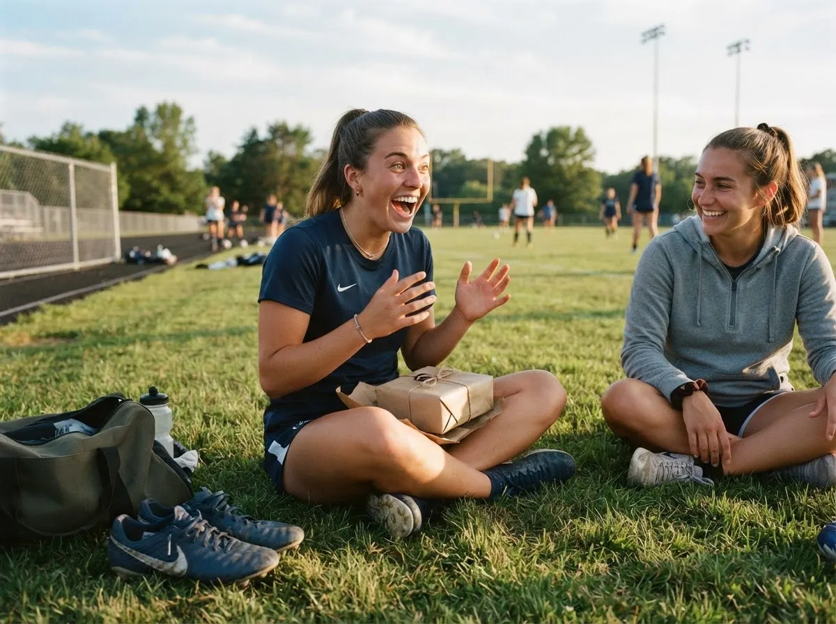 Athlete smiling in surprise while unwrapping a gift on a sunny field.
