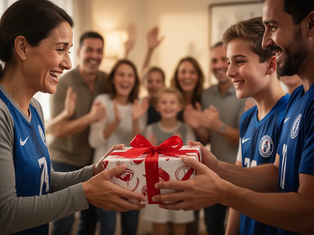Parent gifting sports present to excited young athlete with genuine emotional reaction indoors