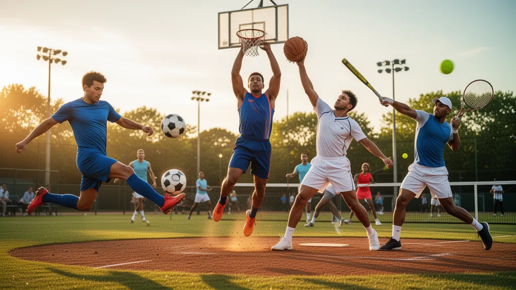 Multiple athletes competing in different sports captured mid-action with natural outdoor lighting