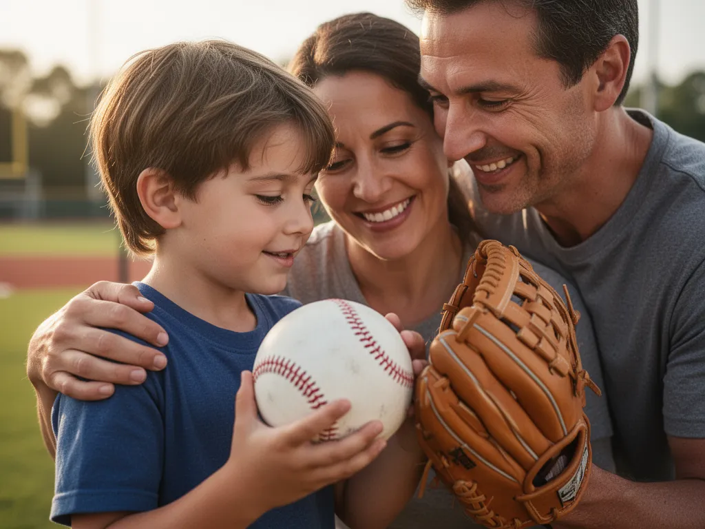 Parent and child bonding while looking at youth sports equipment together indoors