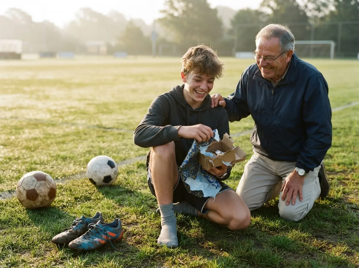 Grandfather and teenage grandson sharing joyful gift-giving moment on sunny athletic field.