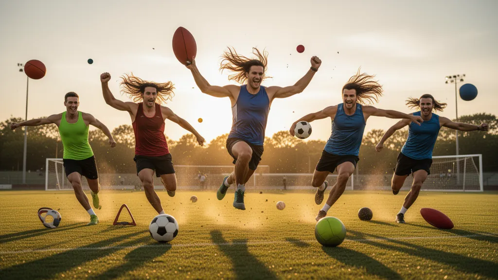 Diverse athletes in motion during outdoor sports activities with natural golden lighting and dynamic energy