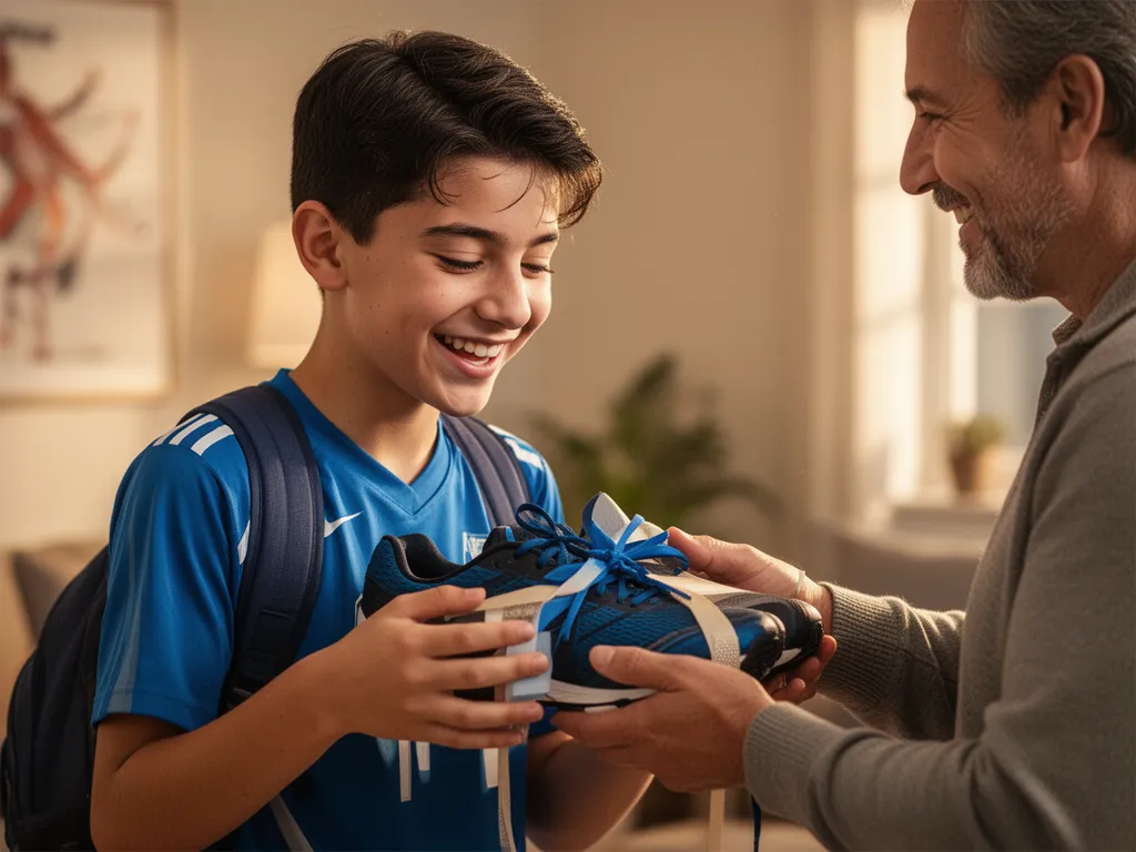 Young athlete's face lighting up with joy while receiving sports gift from parent indoors