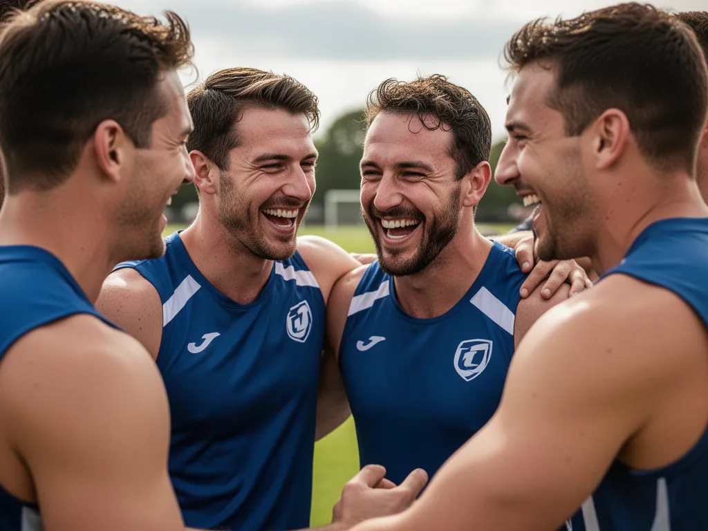 Groomsmen celebrating together after sports game showing friendship and genuine emotional connection