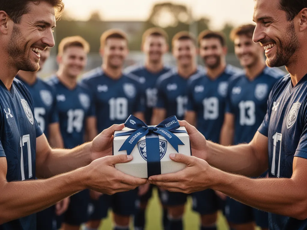 Groomsmen receiving and exchanging sports gift with genuine joy and emotional connection