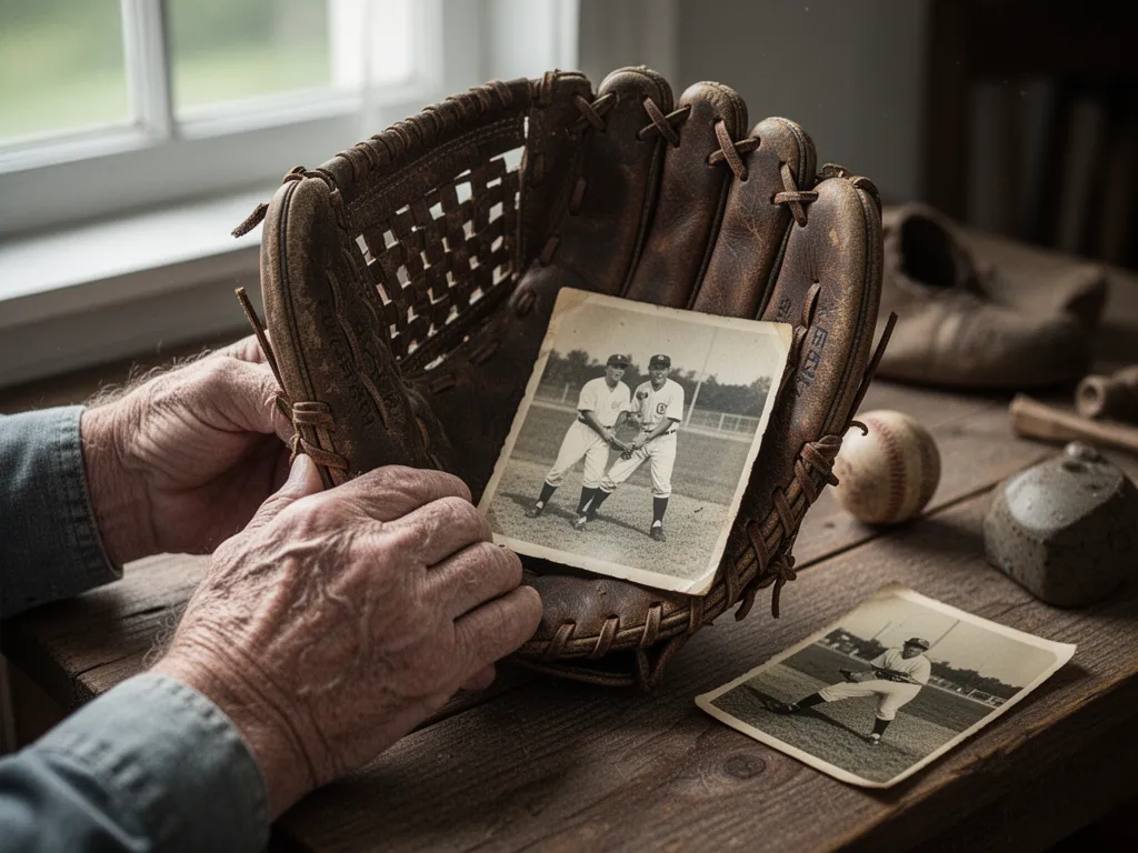 Aged hands holding vintage baseball glove and historic photograph, nostalgic sports memorabilia