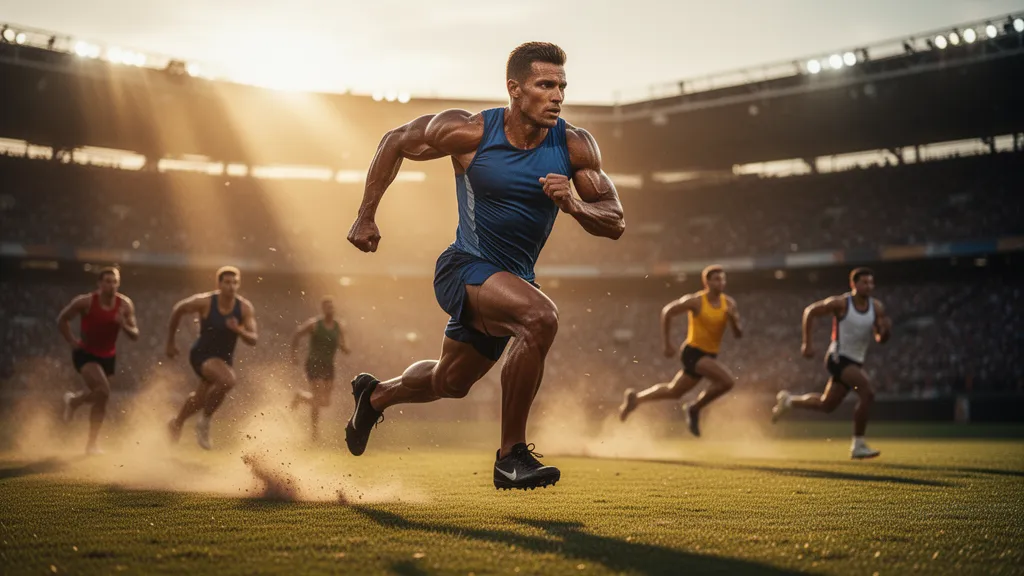 Legendary athlete in explosive mid-stride motion with competitors blurred behind under golden stadium lighting