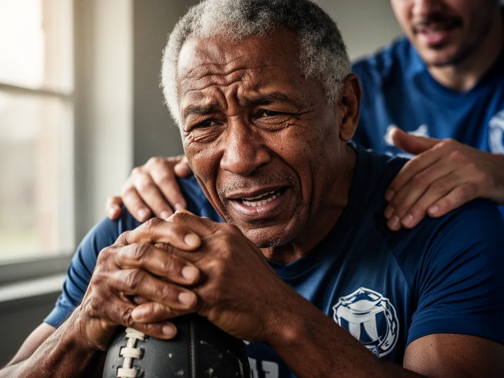 Close portrait of legend's face and hands showing emotion with teammate's supportive presence nearby