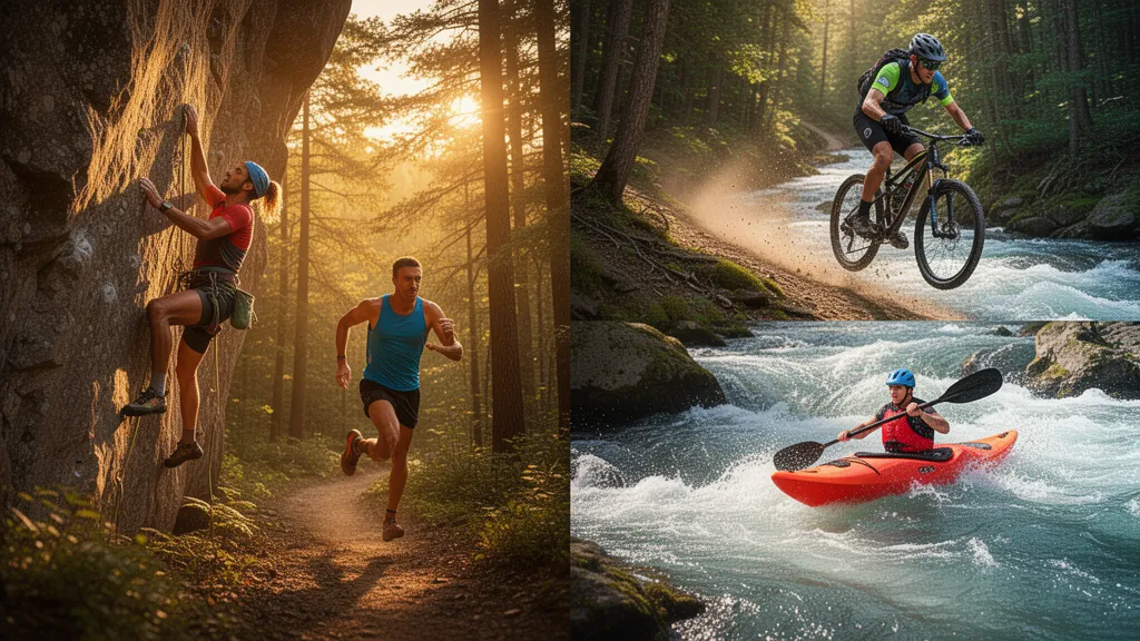 Multiple athletes engaged in different outdoor sports activities simultaneously in natural lighting with dynamic motion and energy