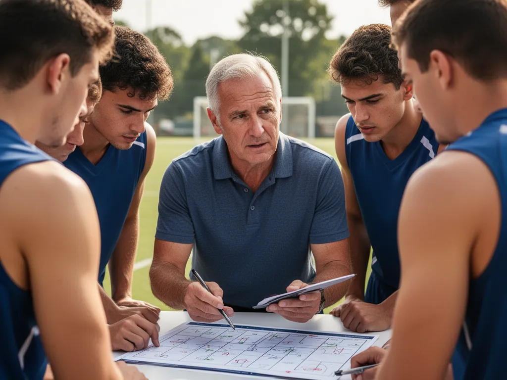 Coach mentoring athletes in huddle showing professional guidance and focused team collaboration moment