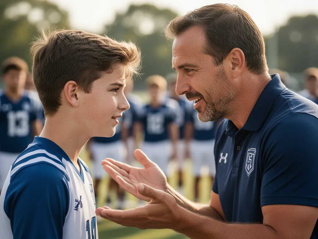 Coach providing personal mentorship and encouragement to a young athlete in an outdoor training setting