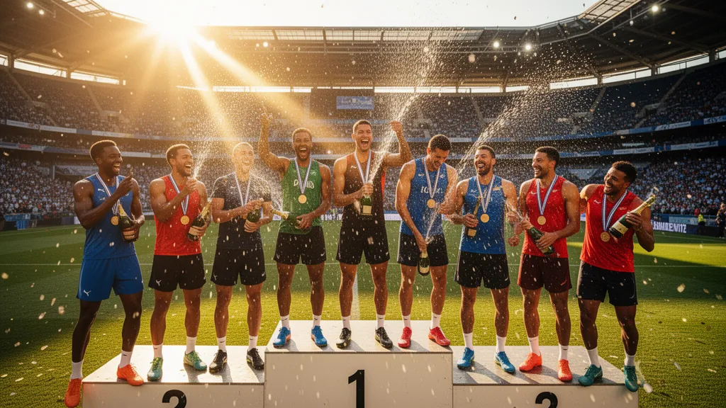 Athletes celebrating on a podium receiving medals with champagne spray in golden sunlight