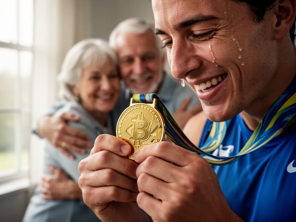 Emotional close-up of athlete holding medal with family celebrating in blurred background embrace