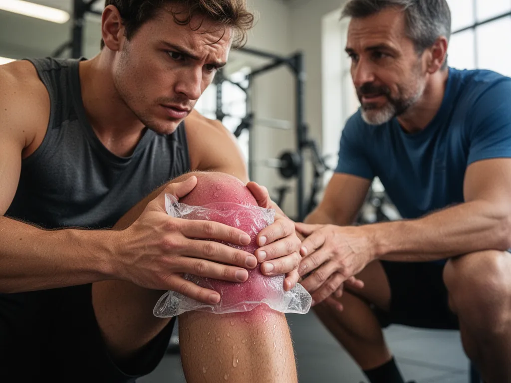 [Athletic trainer applying ice therapy to injured athlete's knee with coach providing support nearby]