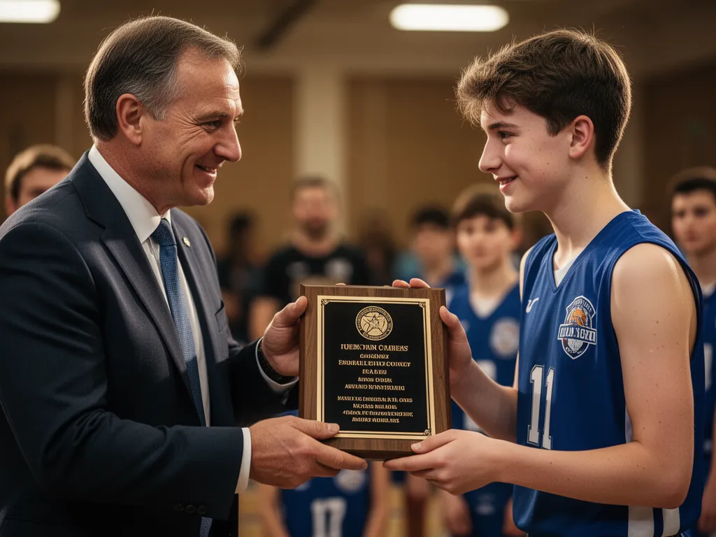 [coach presenting award plaque to young athlete showing pride and emotional celebration together]