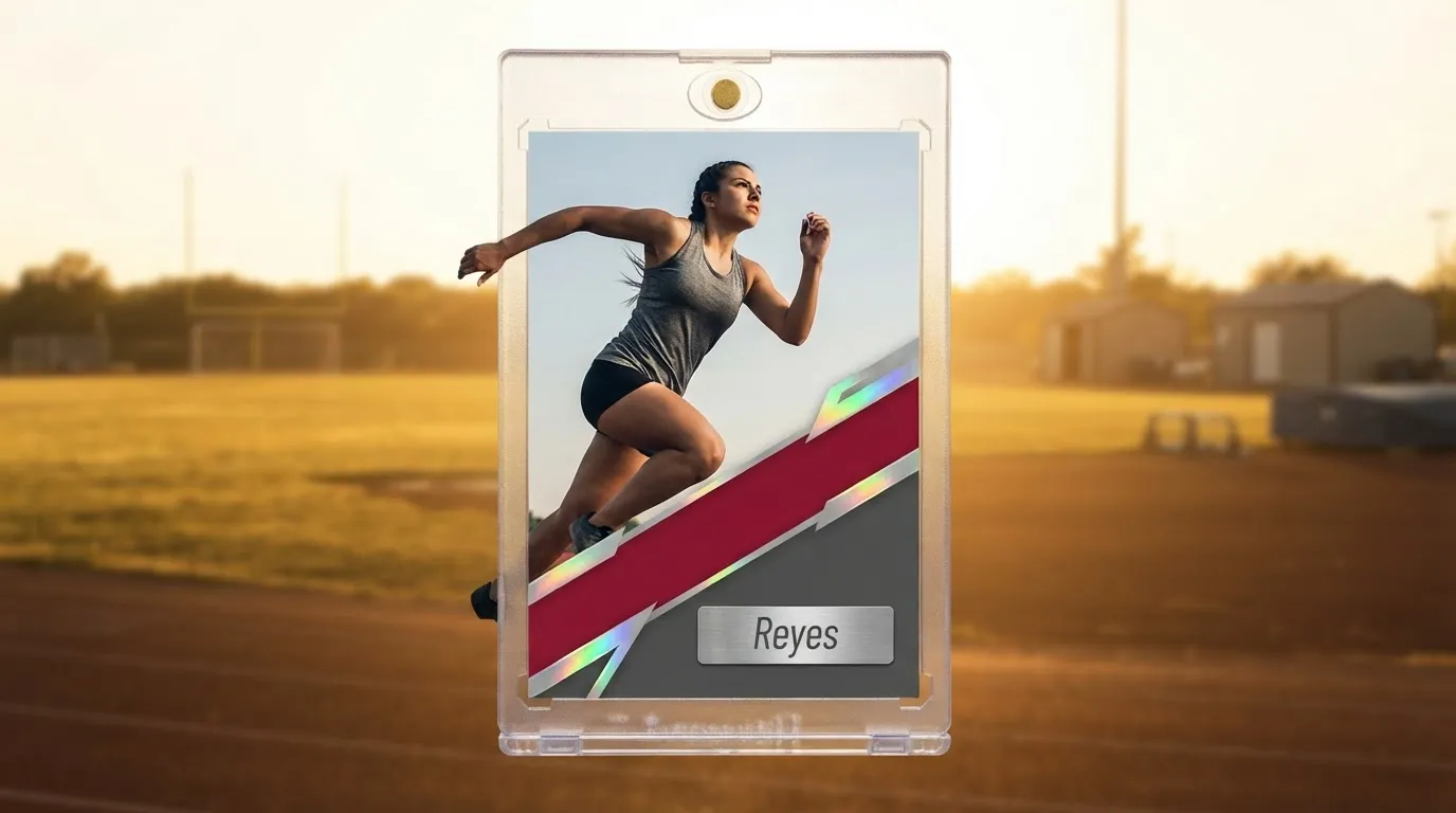 Hand holds magnetic case with sports memorabilia gifts trading card, sprinter bursting off the edge.