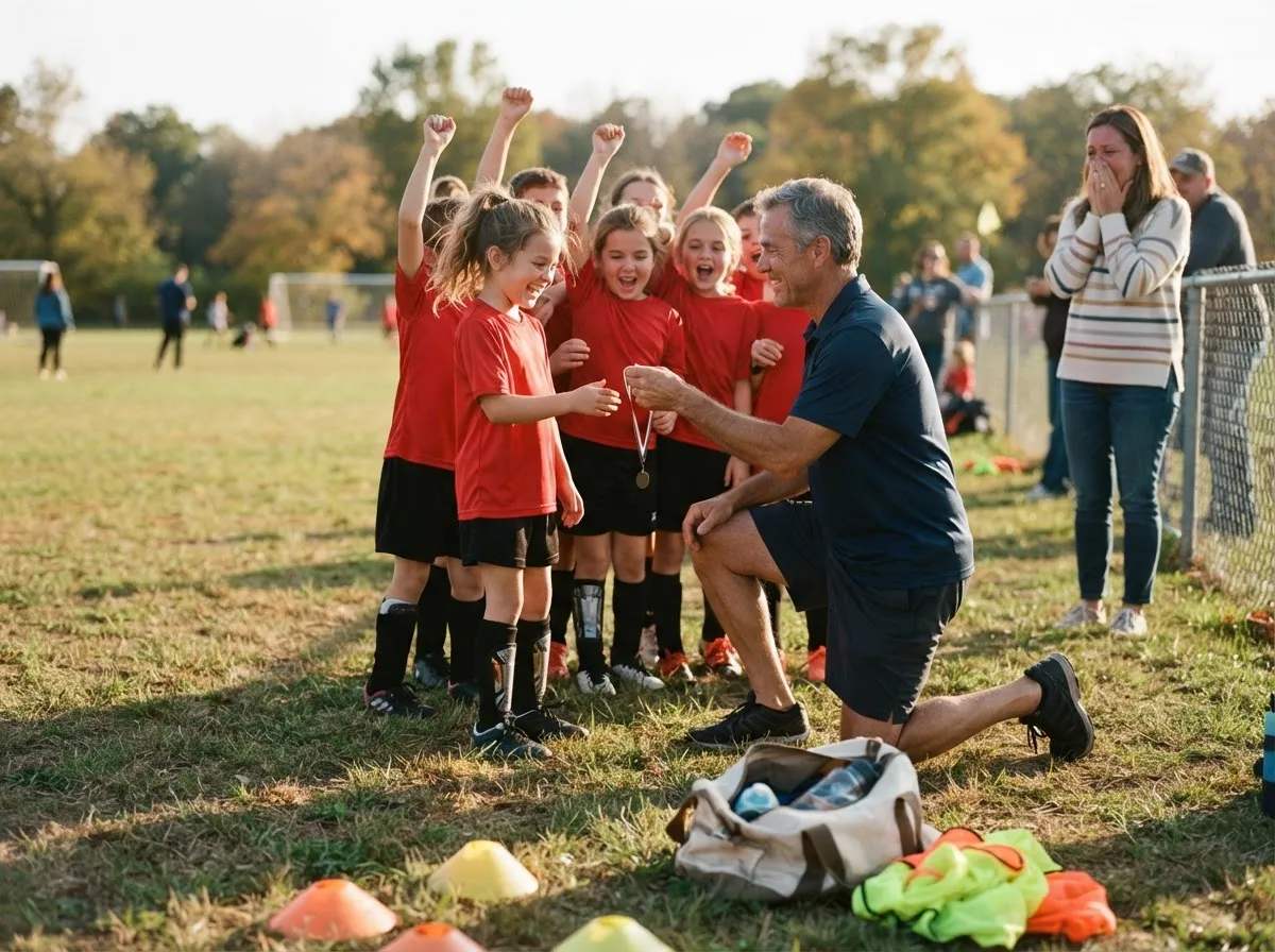 Coach and cheering teammates celebrate with young athlete on sunlit sports field.