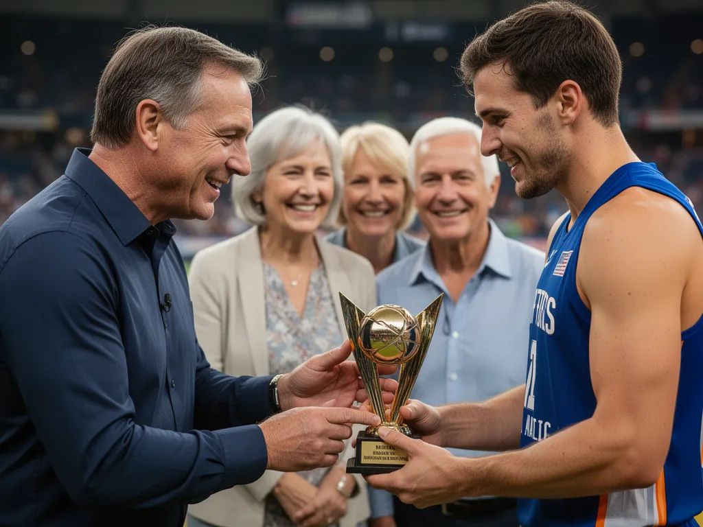 [coach presenting sports award to athlete with parents celebrating emotional moment together]