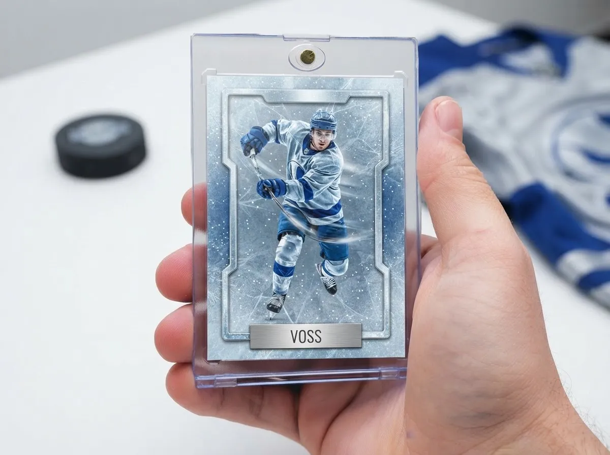 Custom sports trading card in magnetic case showing frozen mid-action hockey player, icy blue refractor.