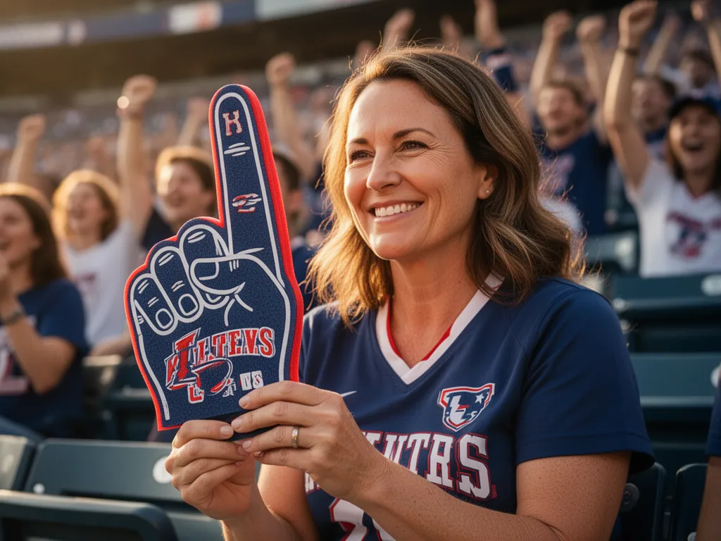 Close-up of sports mom's hands holding foam finger and team sign in bleachers during game