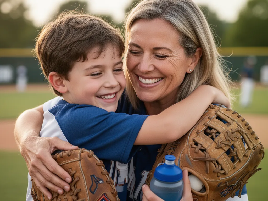 A sports mom hugging her young athlete child with genuine pride and joy after a completed game.