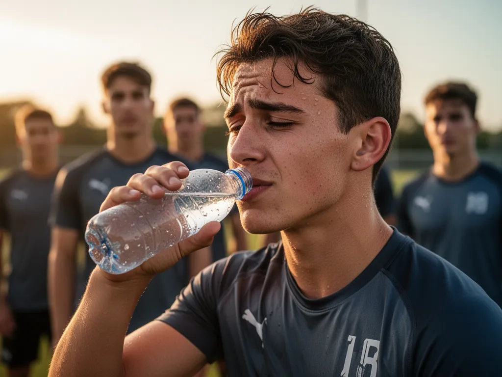 Young athlete rehydrating with water bottle after intense physical training session