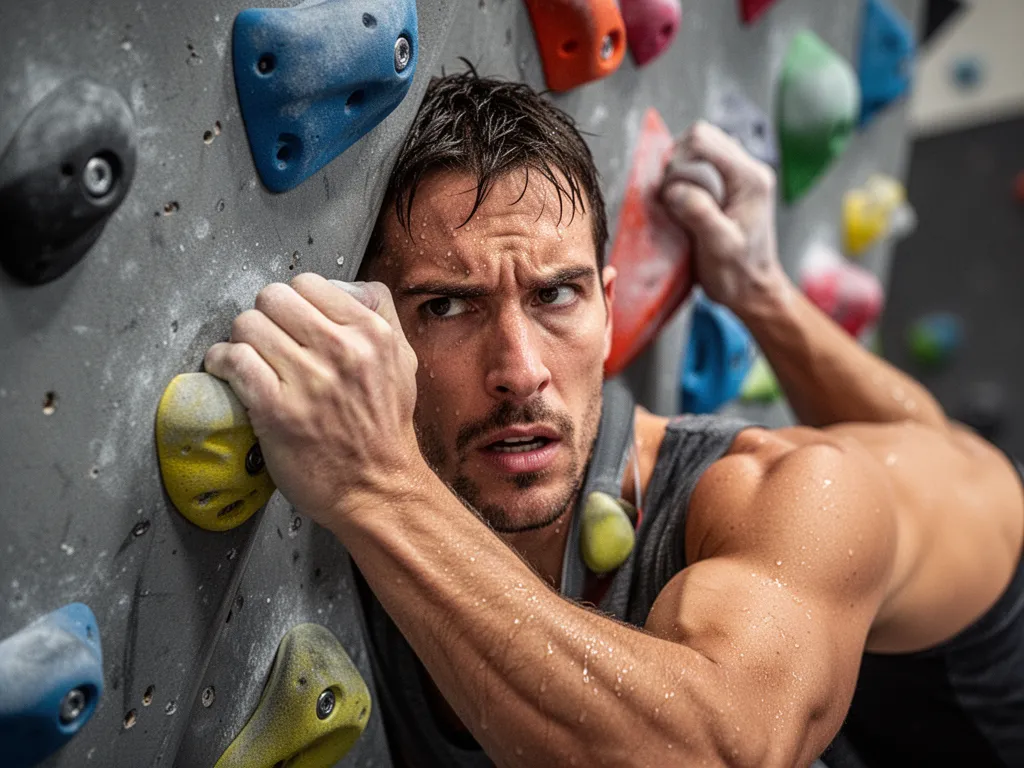 Rock climber's focused expression while gripping climbing wall holds during intense ascent