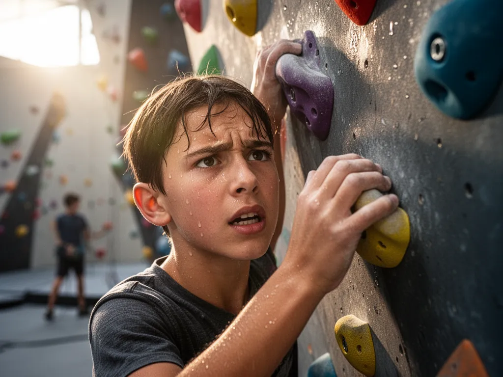 Rock climber's focused face and hands on climbing wall in sunlit gym