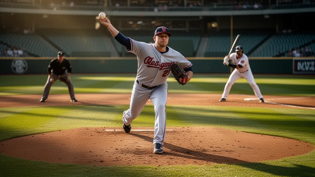 Baseball pitcher throwing fastball with batter ready at home plate in dynamic action