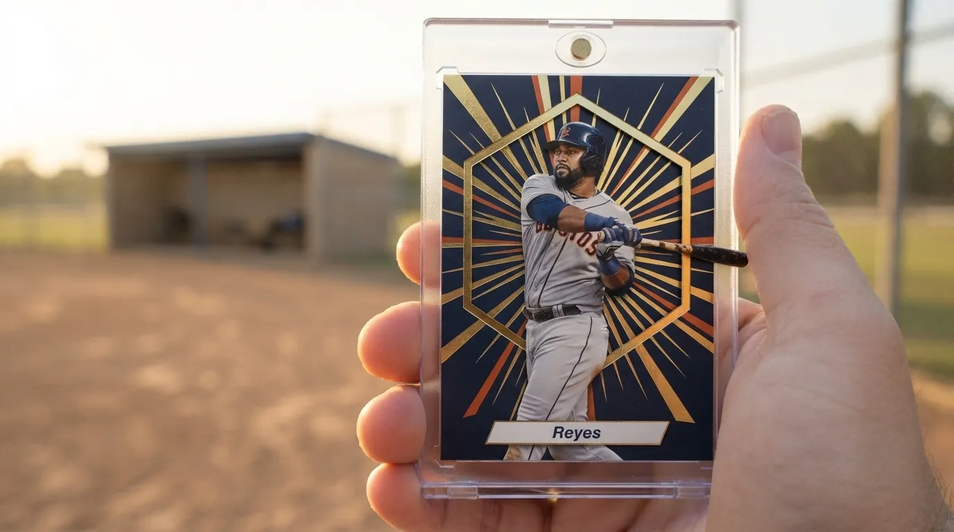 Hand holding magnetic case with gold-foil sports photography baseball card of batter mid-swing.