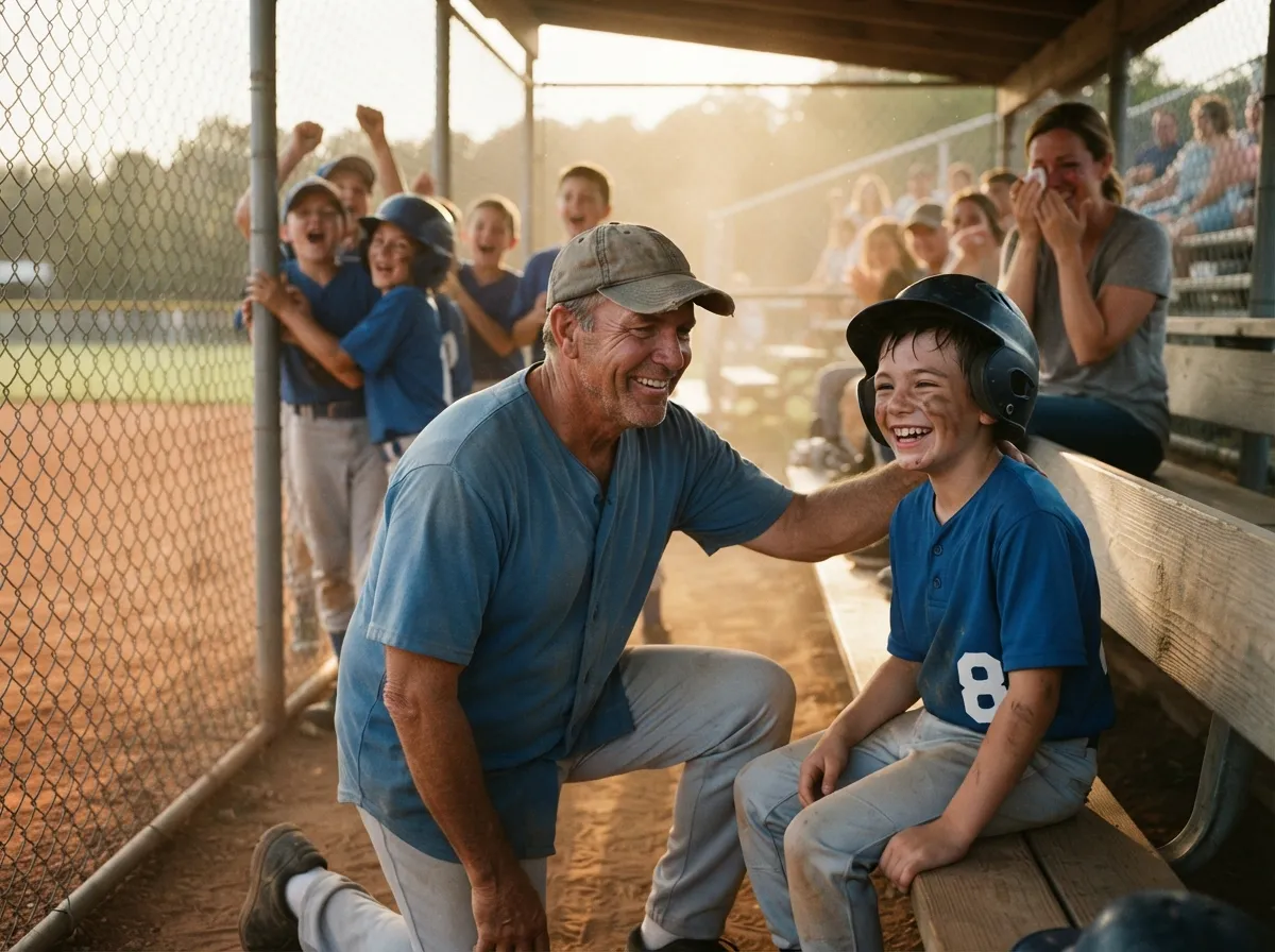 Coach and young athlete share proud smiling moment in sunlit baseball dugout together.