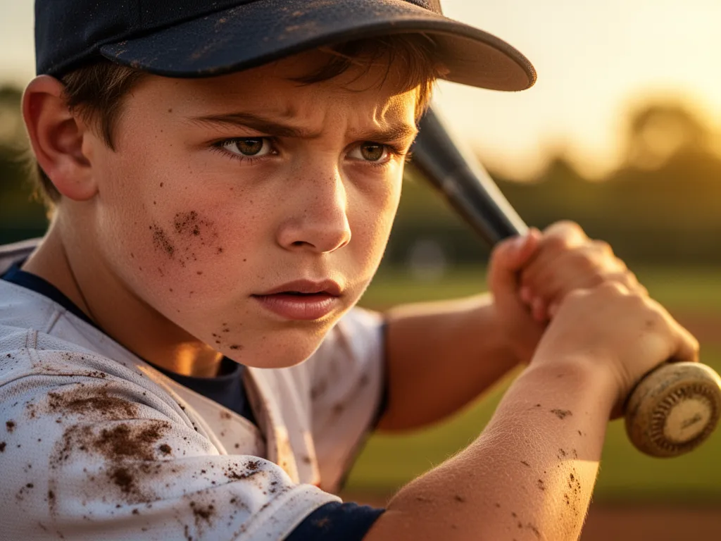Young baseball player's determined expression with bat before swing at plate
