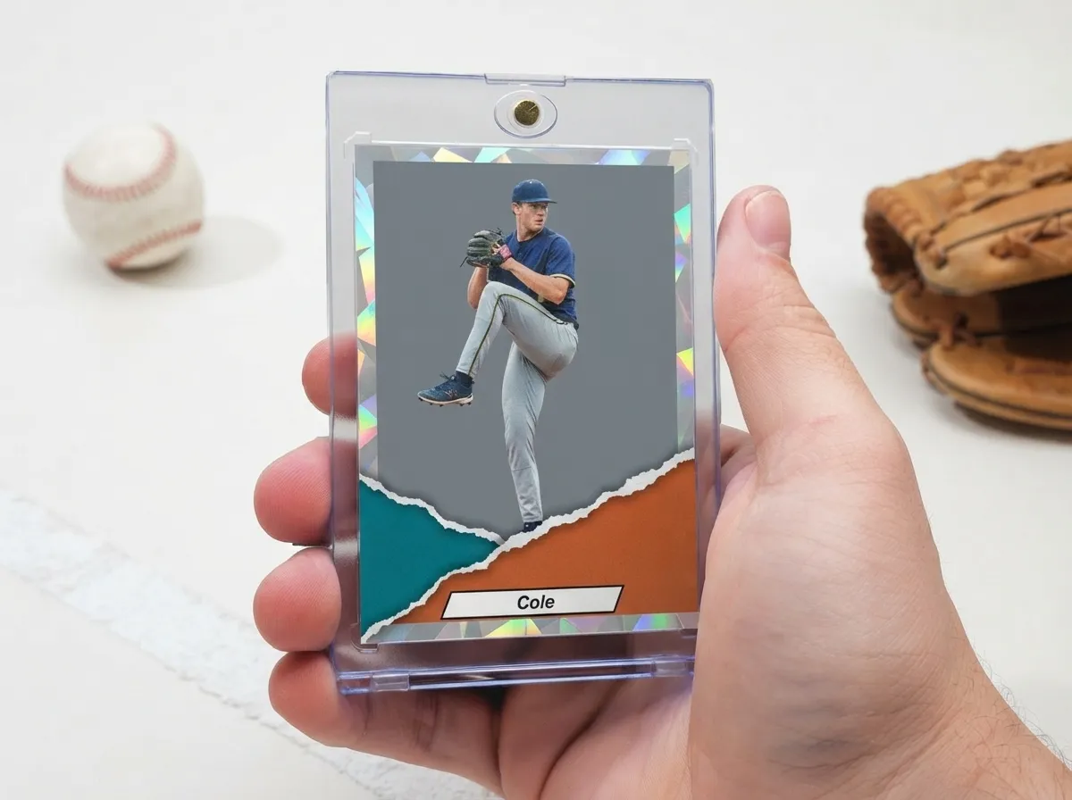 Custom baseball trading card in magnetic case showing chrome diagonal frame and pitcher.