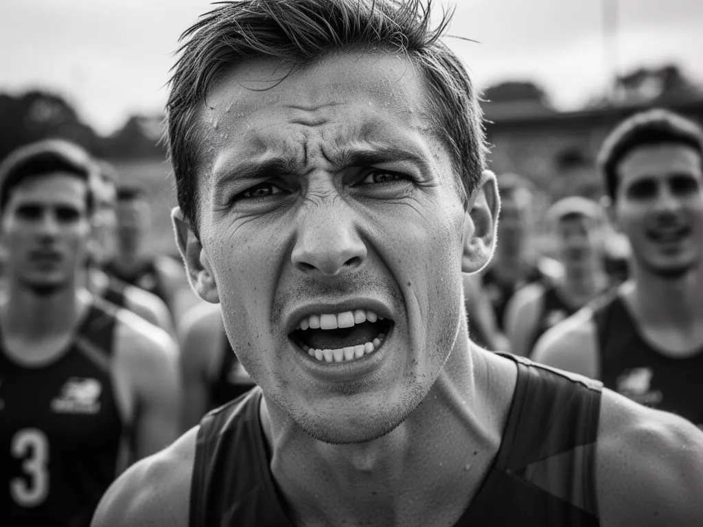 Close-up of athlete's focused face showing emotion during competition with supporters softly visible behind