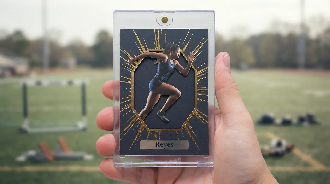 Hand holding magnetic case with gold foil sports photography books trading card, athlete mid-stride spotlight design.