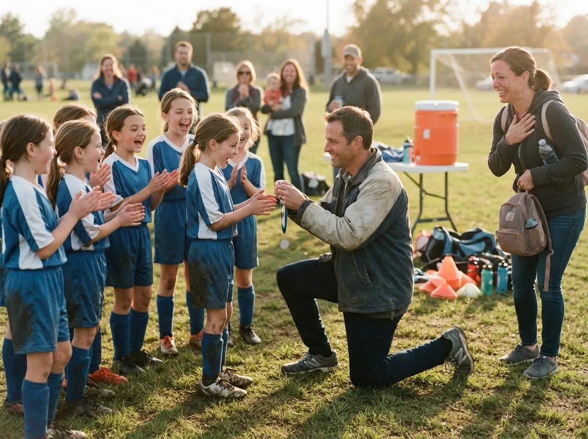 Coach and young athlete share proud emotional moment on field as teammates and parent celebrate.