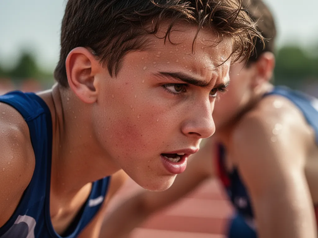 Young athlete's concentrated face showing determination during competitive athletic performance with natural outdoor lighting.