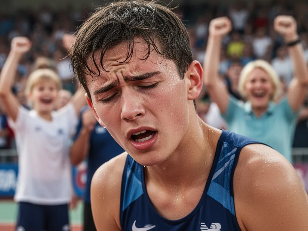 Exhausted athlete breathing heavily after race with celebrating family members blurred behind