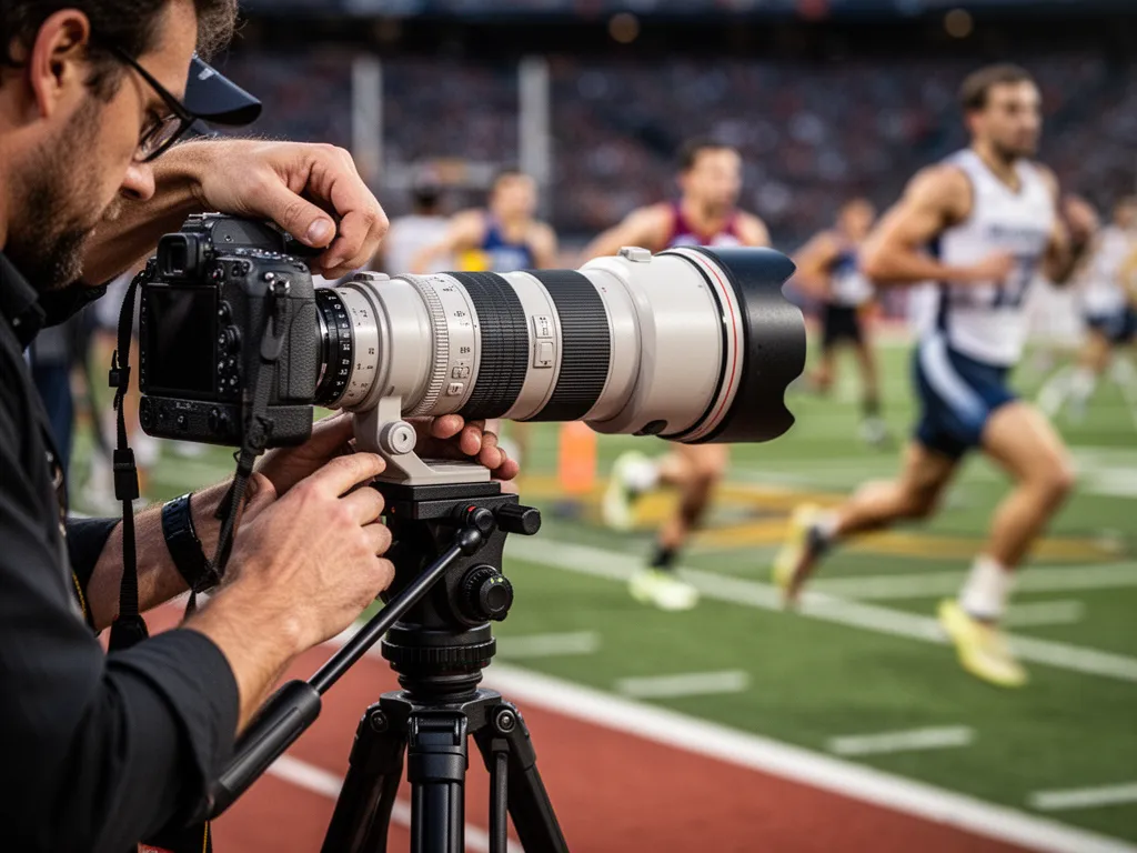 Professional sports photographer's hands adjusting telephoto camera lens with competing athletes blurred in background